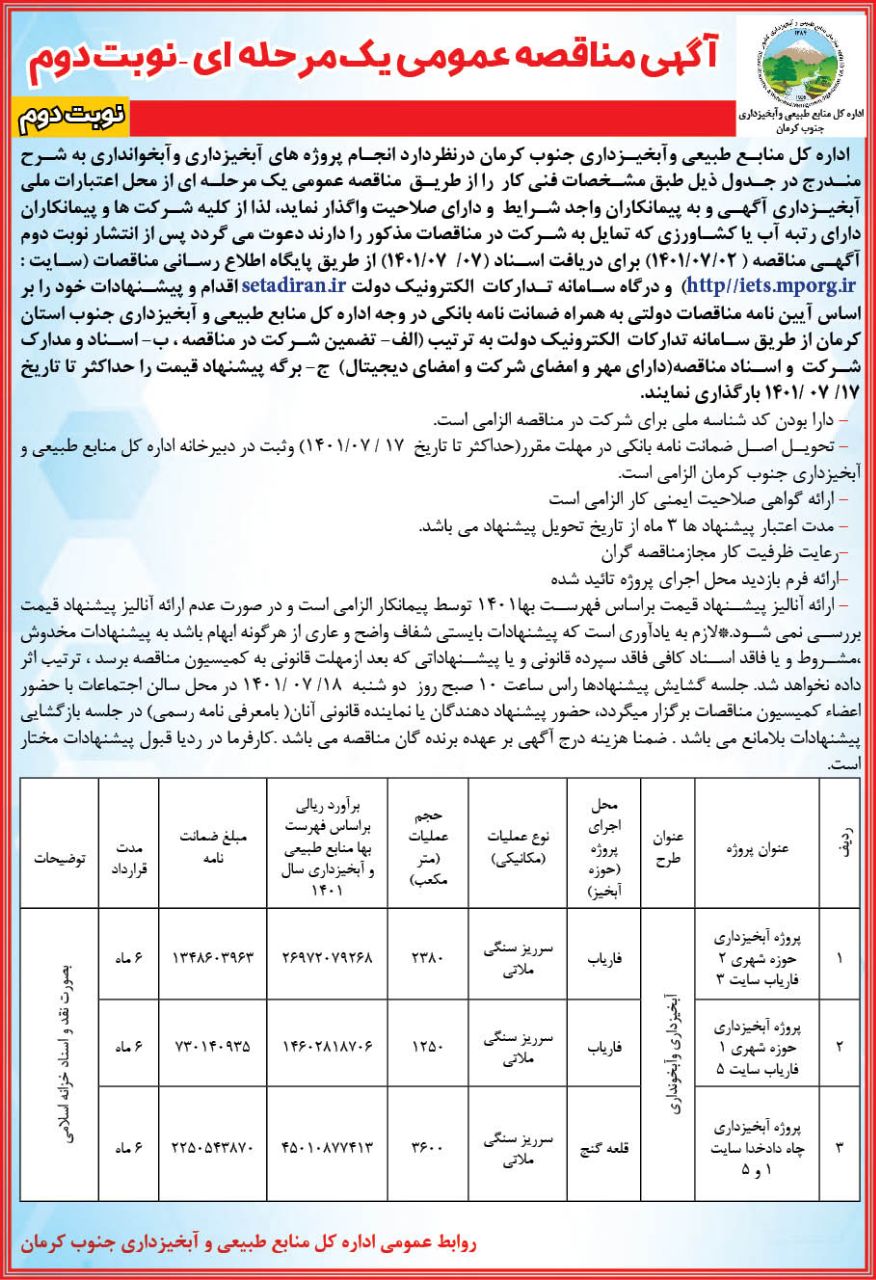 آگهی مناقصه عمومی یک مرحله ای - اجرای پروژه های آبخیزداری و آبخوانداری
